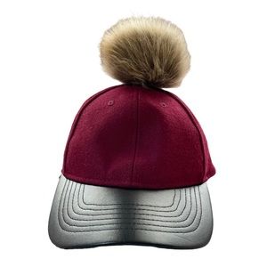 Angela & William Faux Fur Pom Pom Baseball Cap Wine Red